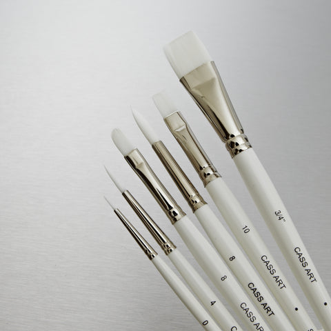 WHITE SYNTHETIC BRUSHES FOR WATERCOLOUR OIL AND ACRYLIC SET OF 6